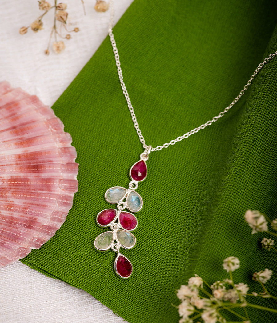 Rainbow Moonstone & Ruby Silver Necklace