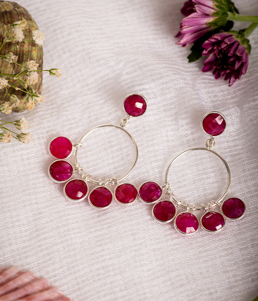 Buy Ruby and Rose Quartz Loop Silver Earrings