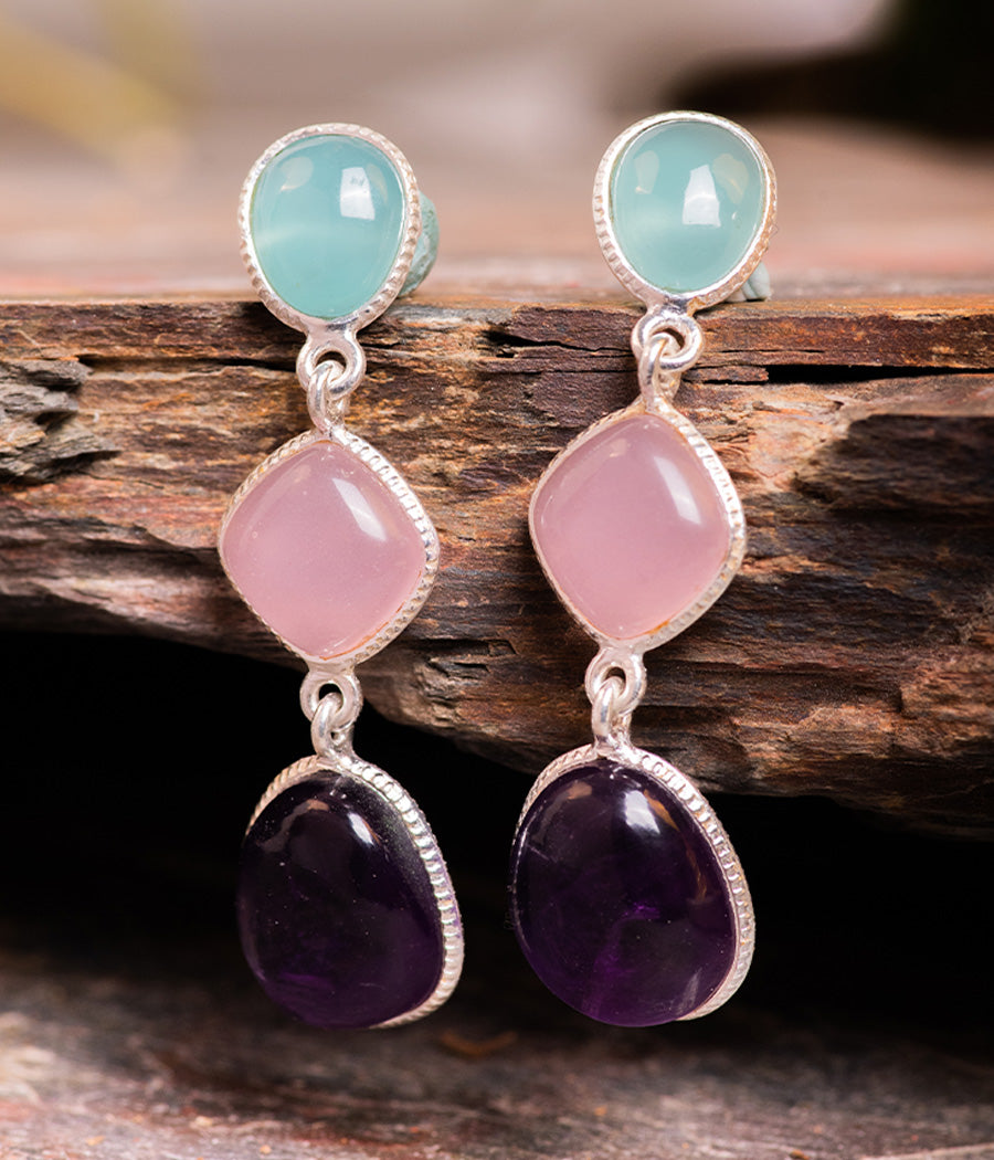 3-Gemstone Raindrop Earrings