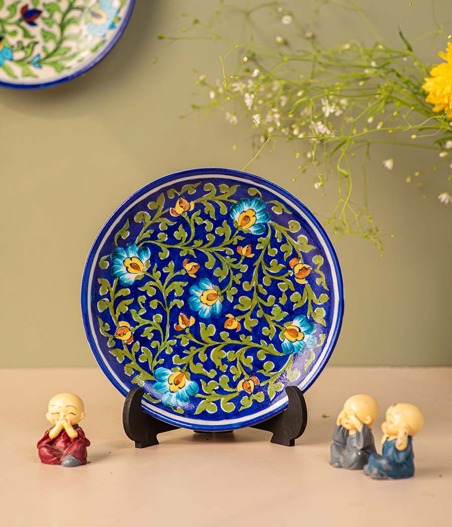 Blue and yellow floral decorative blue pottery