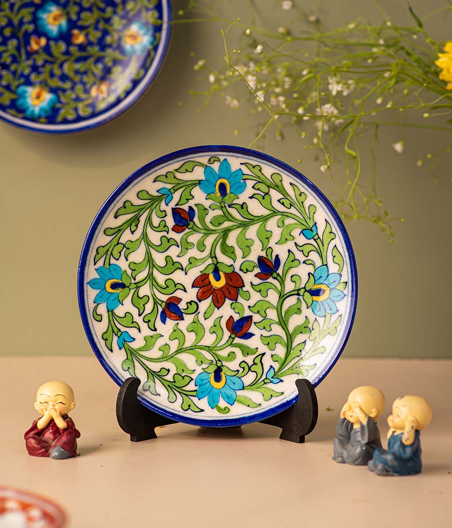 green leaves blue pottery plate