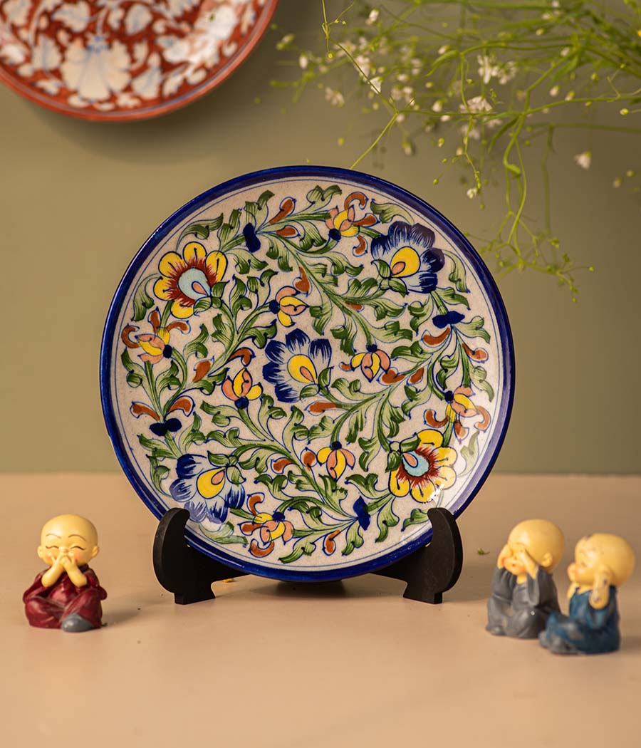 yellow colour blue pottery decorative plate