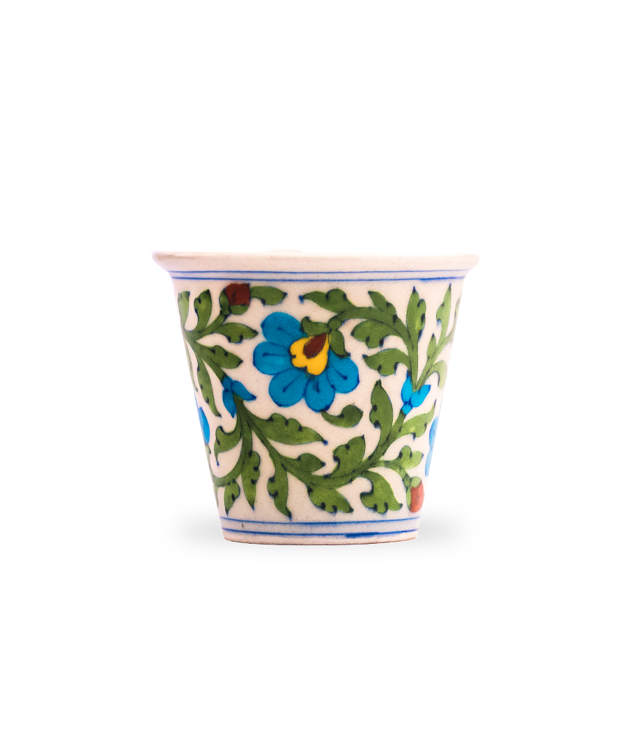 Green Floral Pattern Handcrafted White Pot