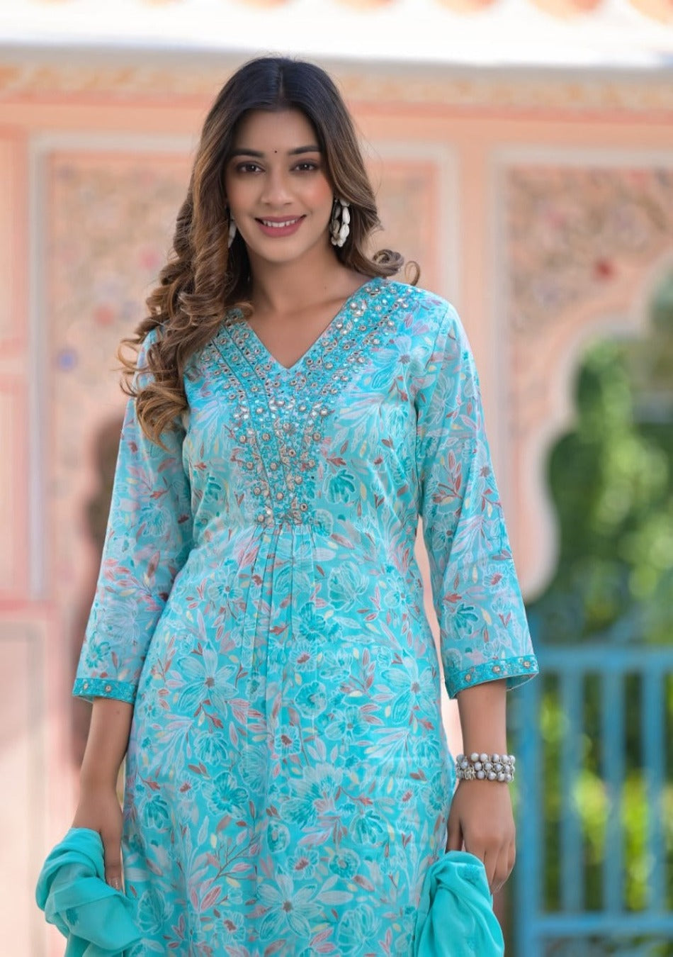 Turquoise Floral Kurta Pant Set  with Dupatta