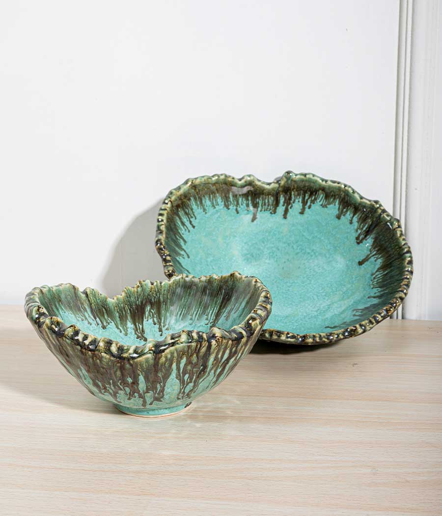 Aquamarine Seaweed Crumpled Serving Bowls