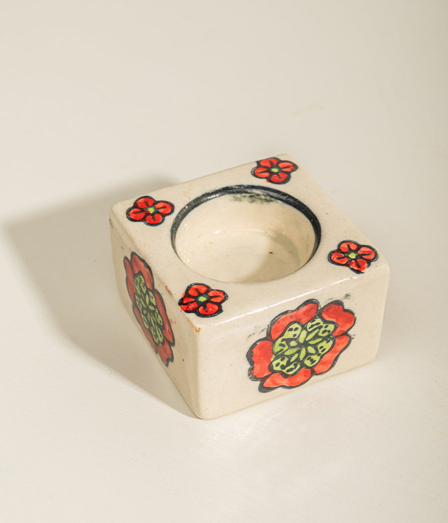 Blue Pottery White Floral Diya