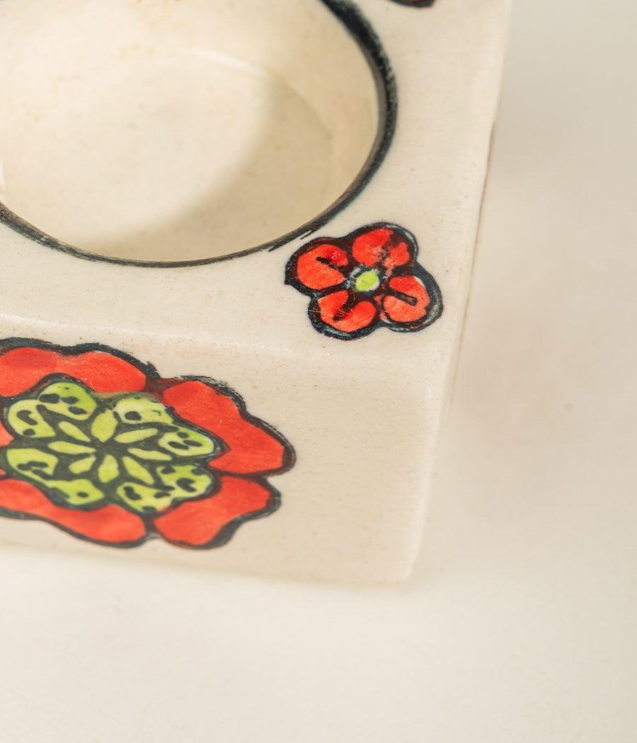 Blue Pottery White Floral Diya