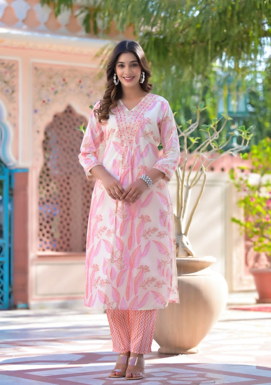 White-Pink Cotton Print Kurta Pant Set with Dupatta