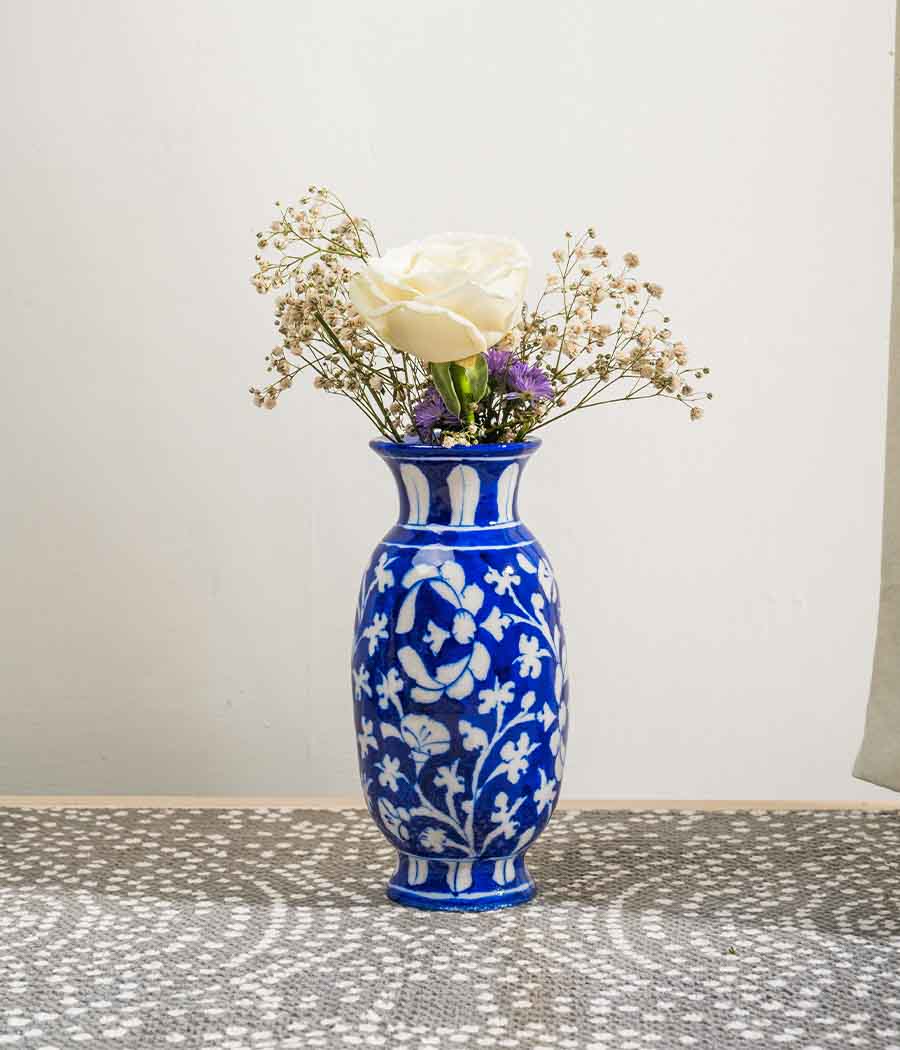 Blue Pottery White Floral Vase