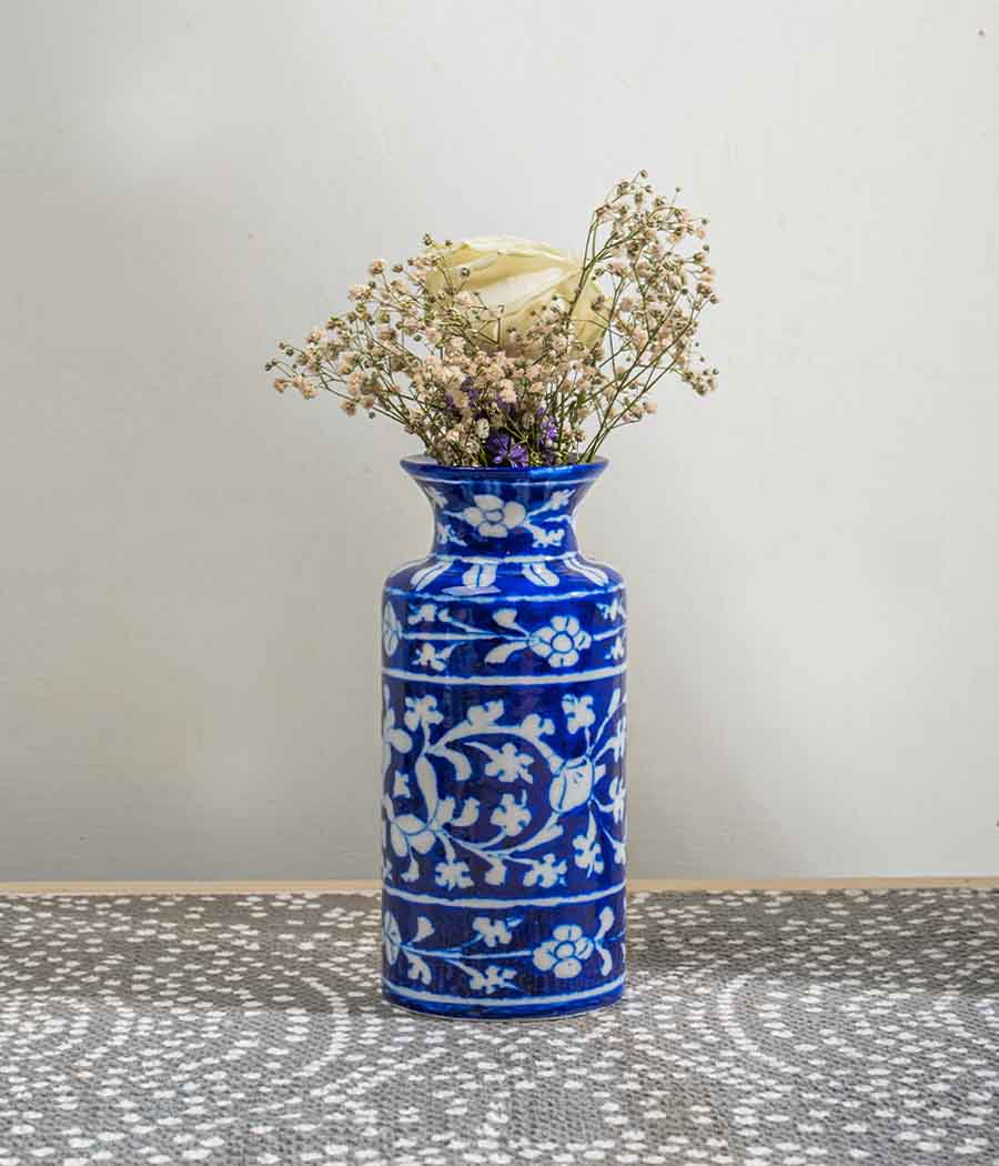 Blue Pottery White Floral Can Vase