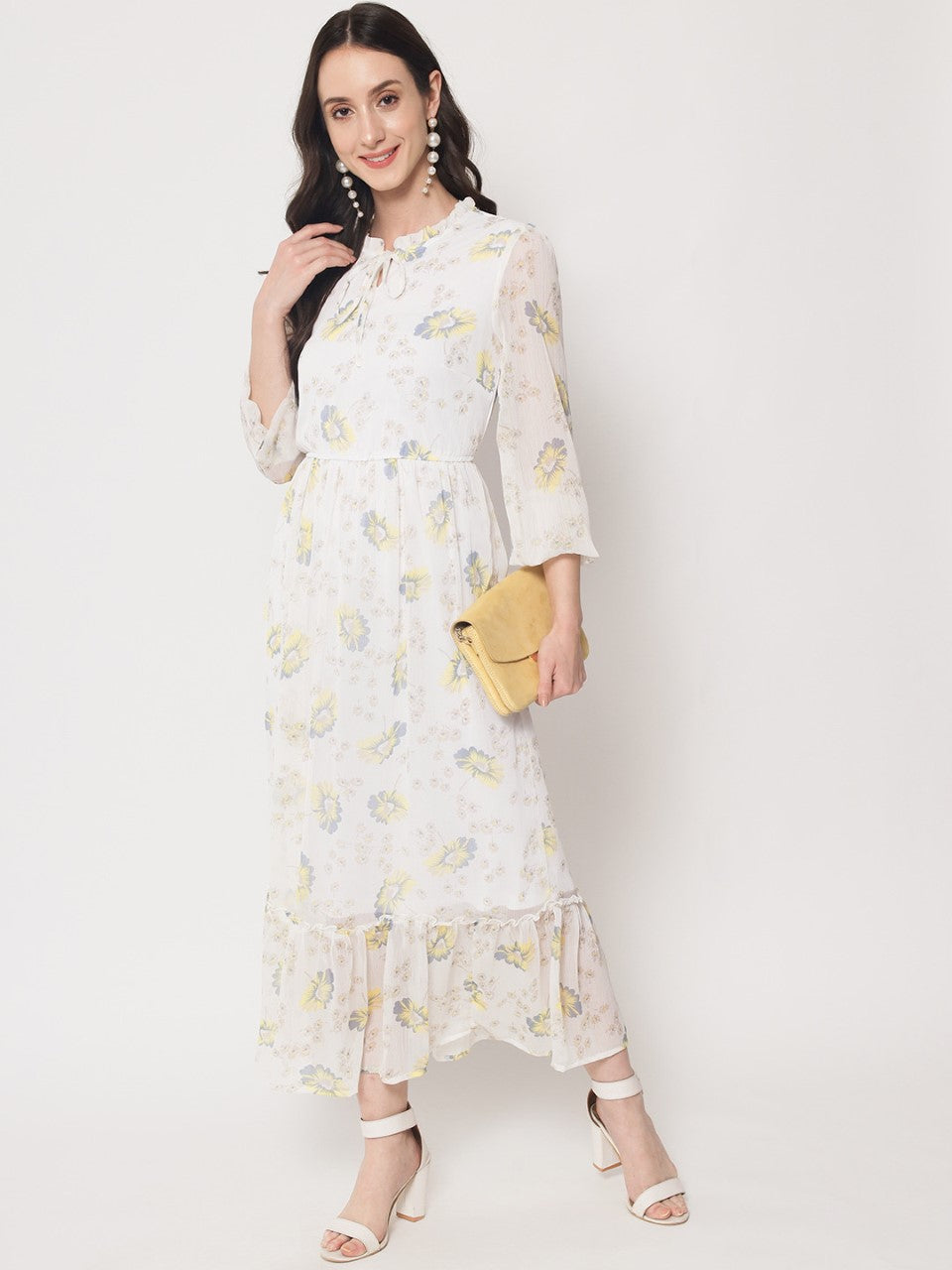 White Foral Yellow Flowers Dress